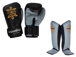 Guantes de Boxeo + Espinilleras de cuero Kanong : Negro/Gris